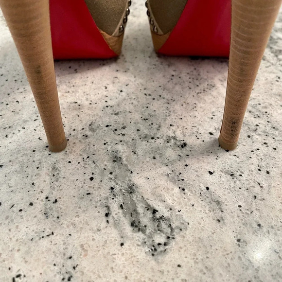 Christian Louboutin Beige Peep-Toe Heels with Red Soles - Picture 8 of 13